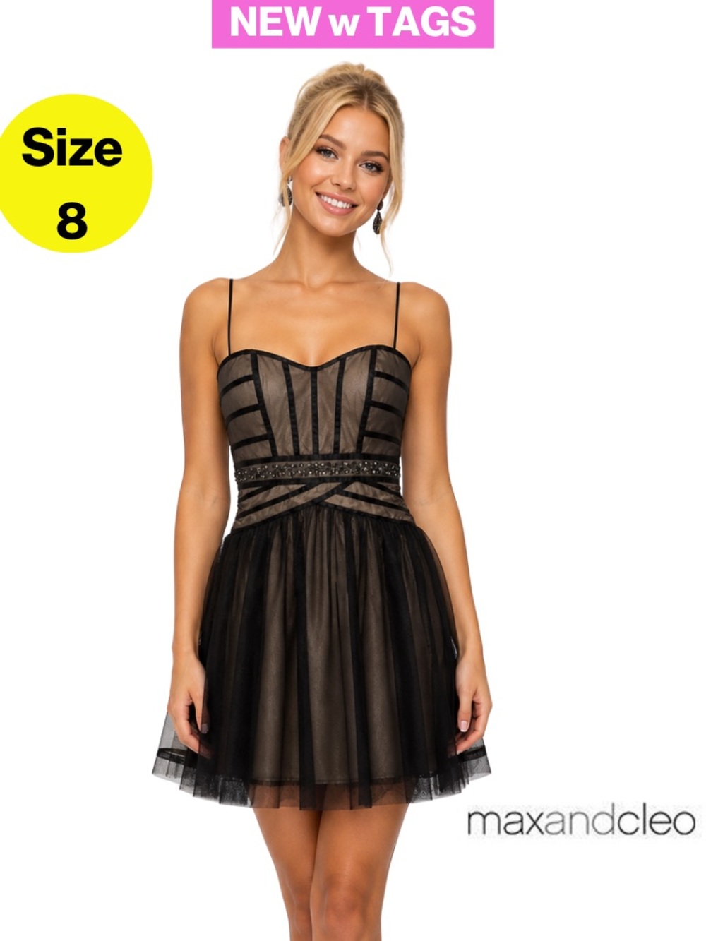NEW w TAGS 🏷️ MAX & CLEO Formal Tulle Mini Dress, Sequins Waist (Size 8)